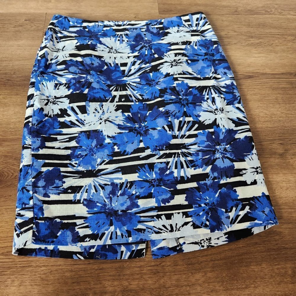 ANN TAYLOR LOFT Black White Blue FLORAL Knee Length SKIRT